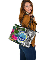 Federated States of Micronesia Large Leather Tote Bag White - Turtle Plumeria Banana Leaf - Polynesian Pride