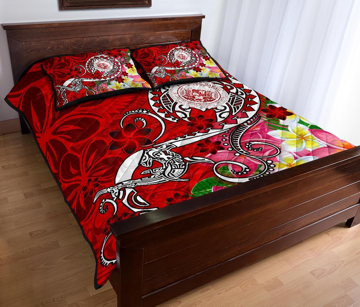 Hawaii Polynesian Quilt Bed Set - Hawaii Seal With Turtle Plumeria (Red) - Polynesian Pride