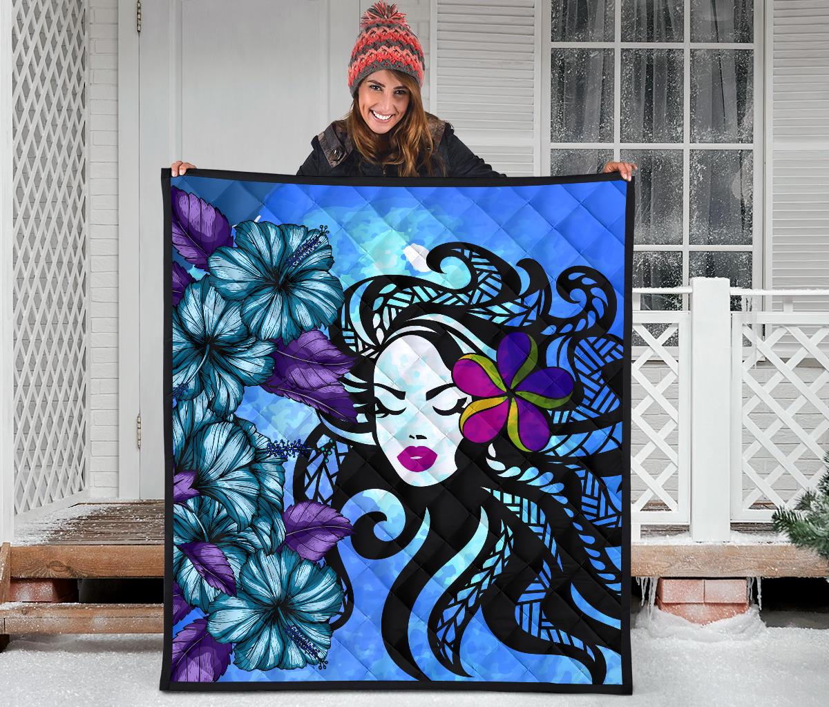 Hawaiian Hibiscus Polynesian Hula Girl Premium Quilt - Polynesian Pride