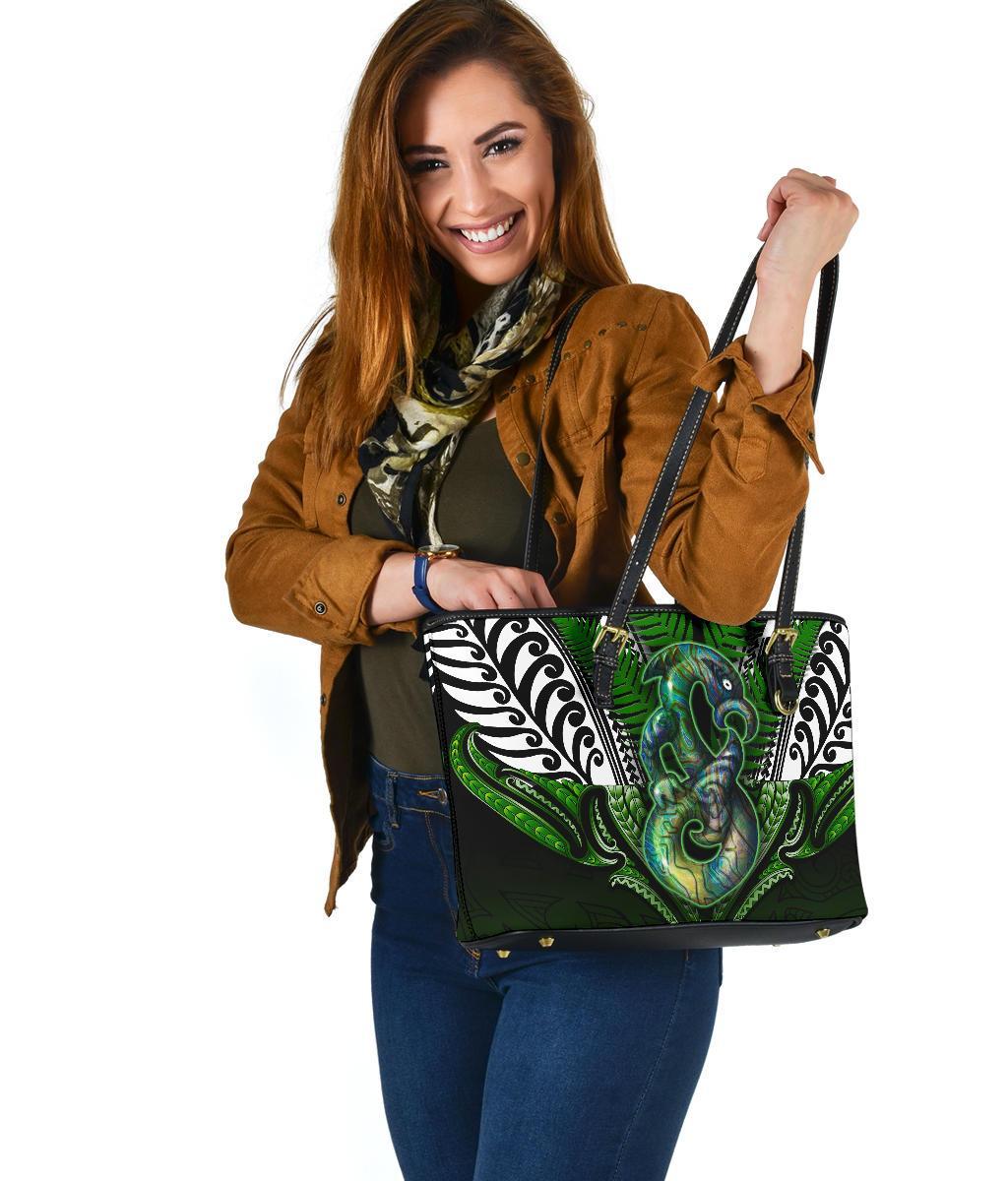Manaia Mythology Small Leather Tote Silver Fern Maori Tattoo - Polynesian Pride