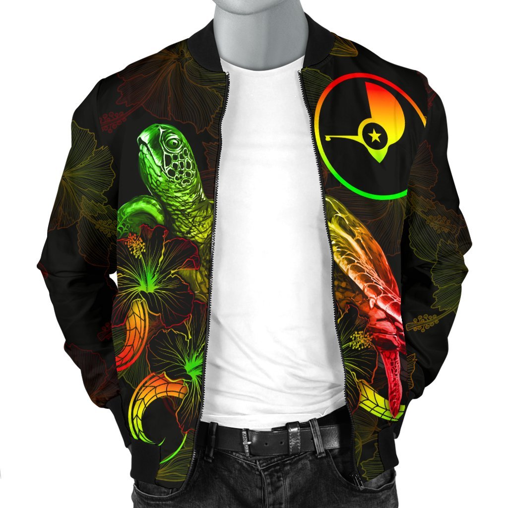 Yap Polynesian Men's Bomber Jacket - Turtle With Blooming Hibiscus Reggae - Polynesian Pride