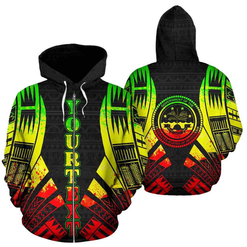 Federated States of Micronesia All Over Custom Zip up Hoodie Reggae Tattoo Style Unisex Black - Polynesian Pride