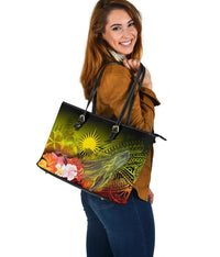 Marshall Islands Leather Tote - Humpback Whale with Tropical Flowers (Yellow) - Polynesian Pride