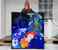 Chuuk Premium Quilt - Humpback Whale with Tropical Flowers (Blue) - Polynesian Pride