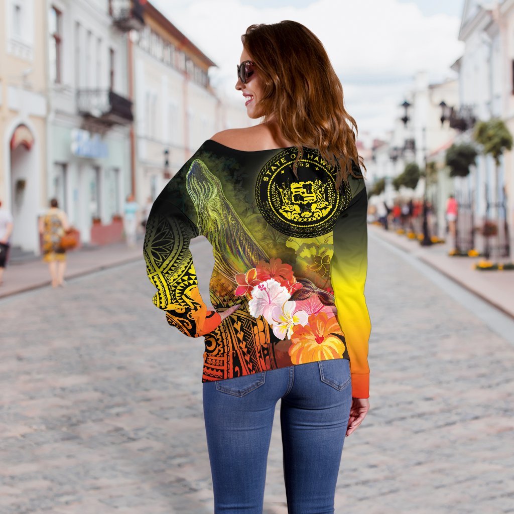 Polynesian Hawaii Women's Off Shoulder Sweater - Humpback Whale with Tropical Flowers (Yellow) - Polynesian Pride
