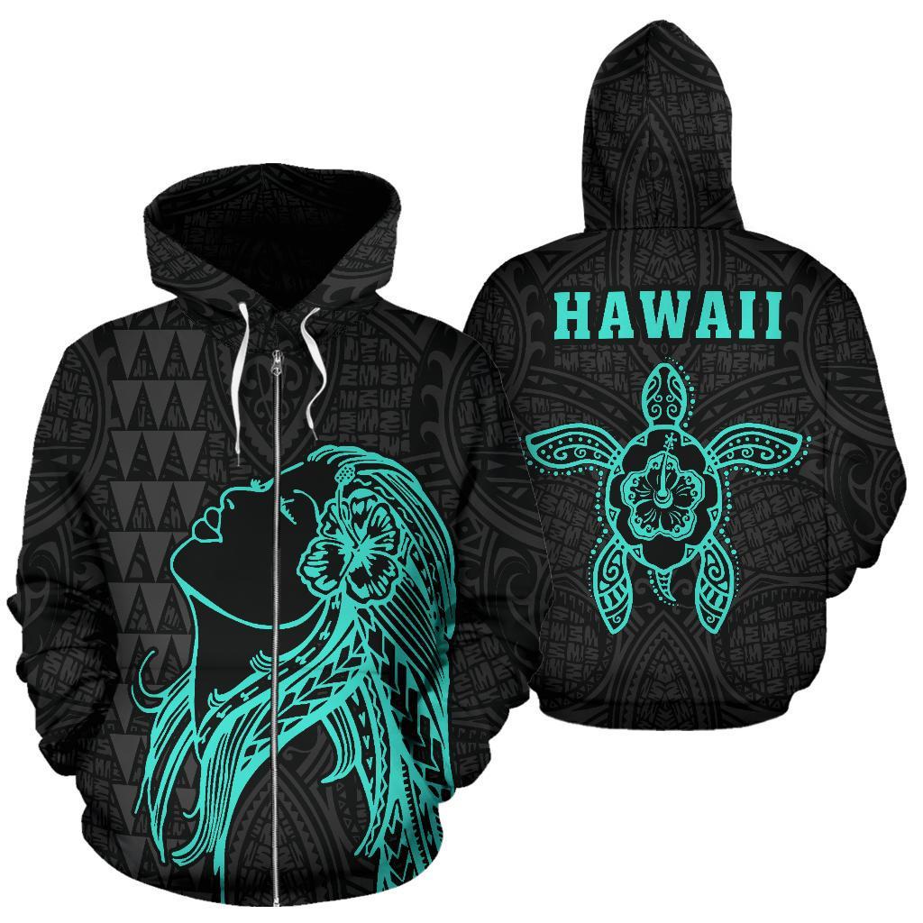 Polynesian Kakau Hula Girl Turtle Hibiscus Hawaii Zip Hoodie Turquoise Unisex Turquoise - Polynesian Pride