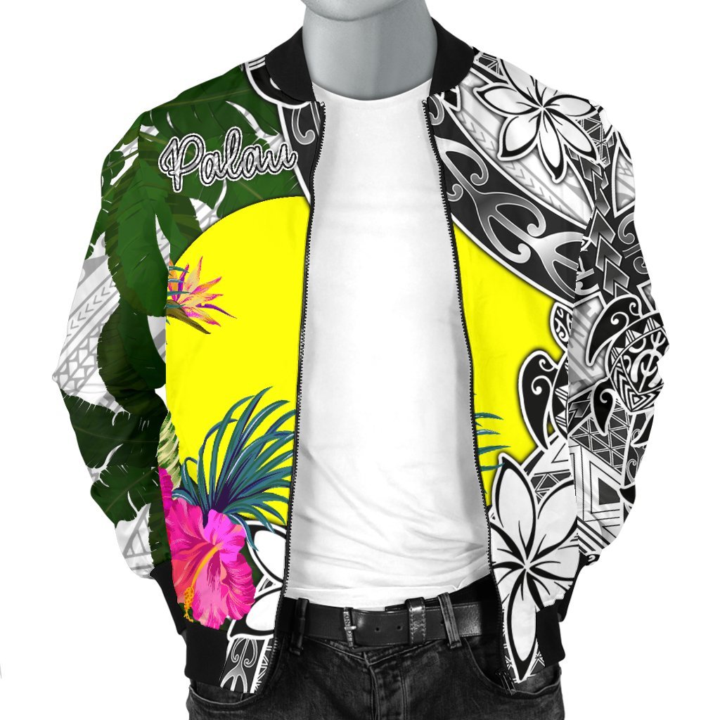 Palau Men's Bomber Jacket White - Turtle Plumeria Banana Leaf - Polynesian Pride
