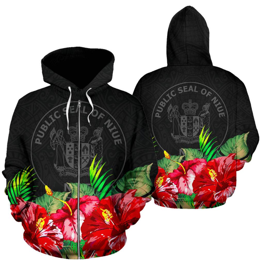 Niue Polynesian Zip Hoodie Black Hibiscus Unisex Black - Polynesian Pride