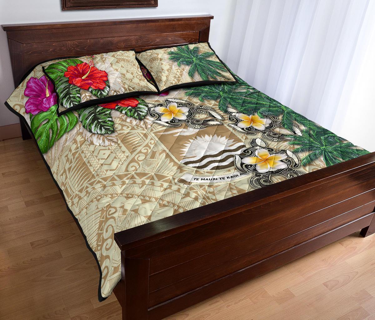 Kiribati Polynesian Quilt Bed Set - Hibiscus Turtle Tattoo Beige - Polynesian Pride