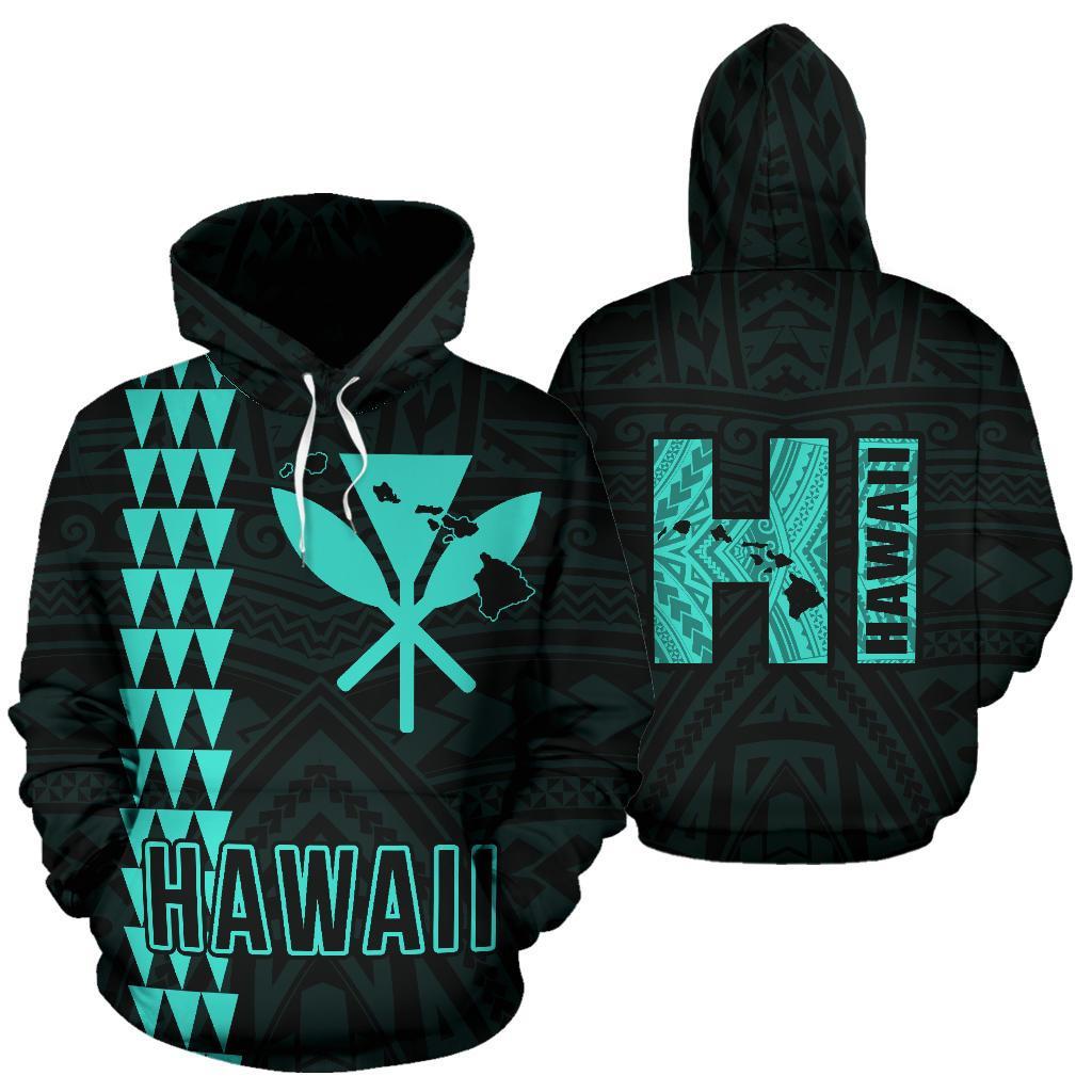 Polynesian Kakau Kanaka Map of Hawaii Hoodie Turquoise Unisex Turquoise - Polynesian Pride