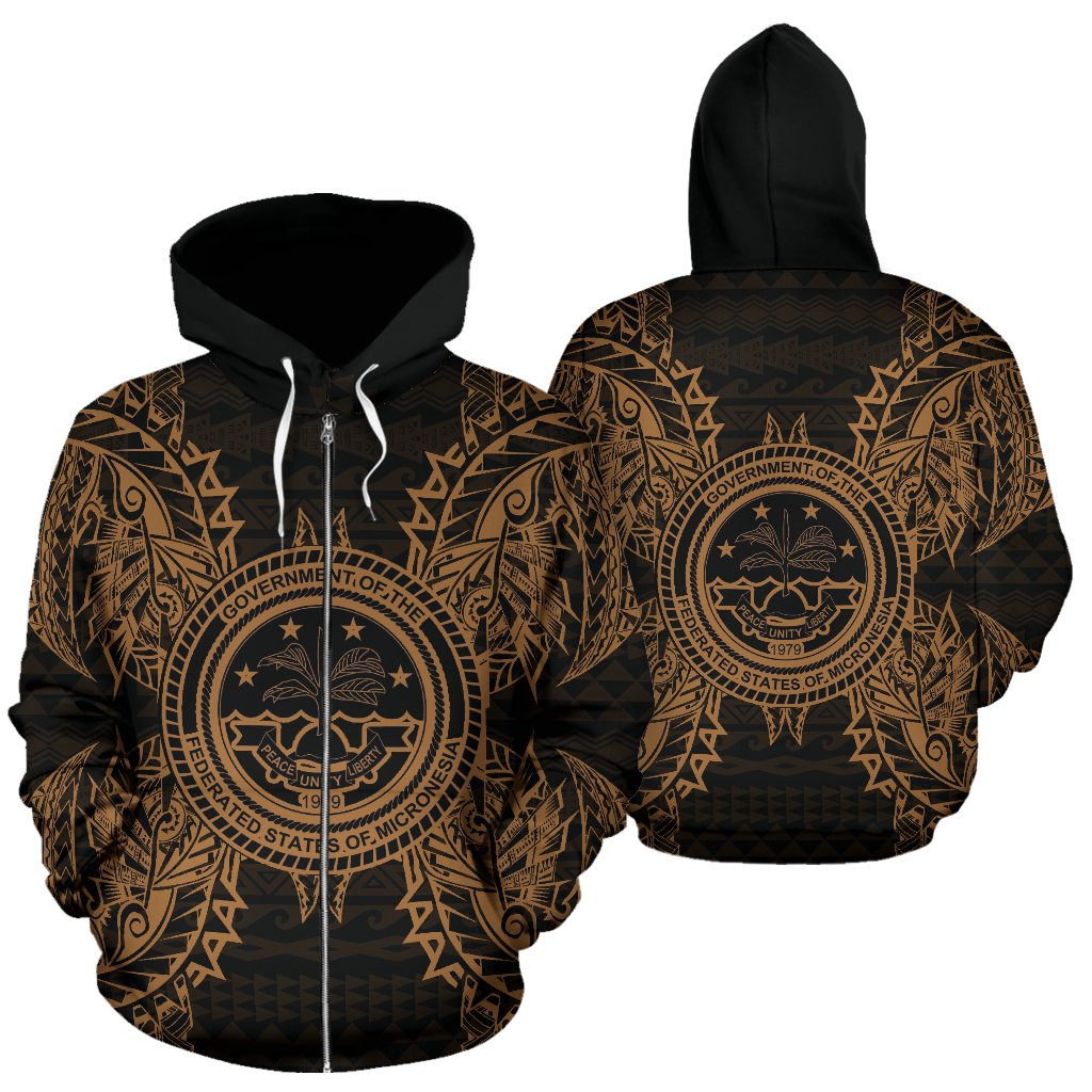Federated States of Micronesian Polynesian All Over Zip up Hoodie Map Gold Unisex Gold - Polynesian Pride