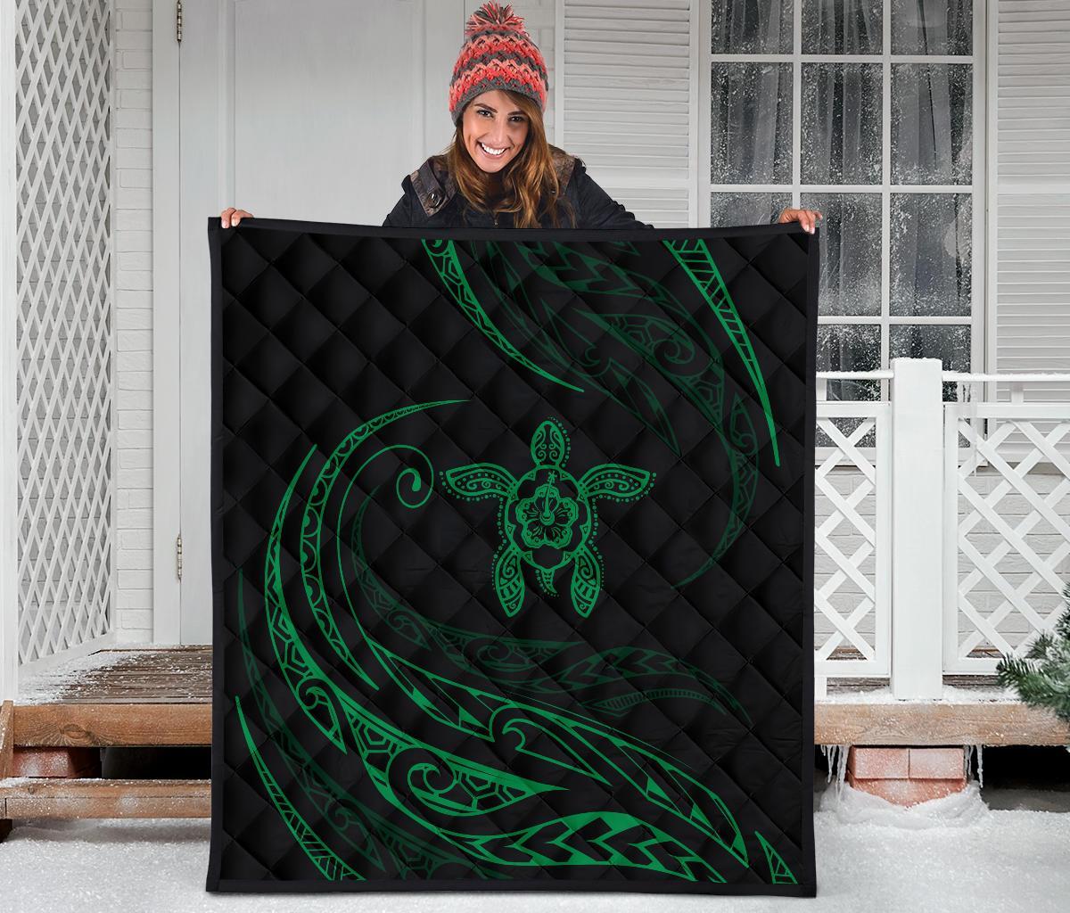 Hawaii Turtle Hibicus Premium Quilt - Frida Style - Green - Polynesian Pride