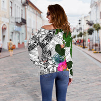 Chuuk Women's Off Shoulder Sweater White - Turtle Plumeria Banana Leaf - Polynesian Pride