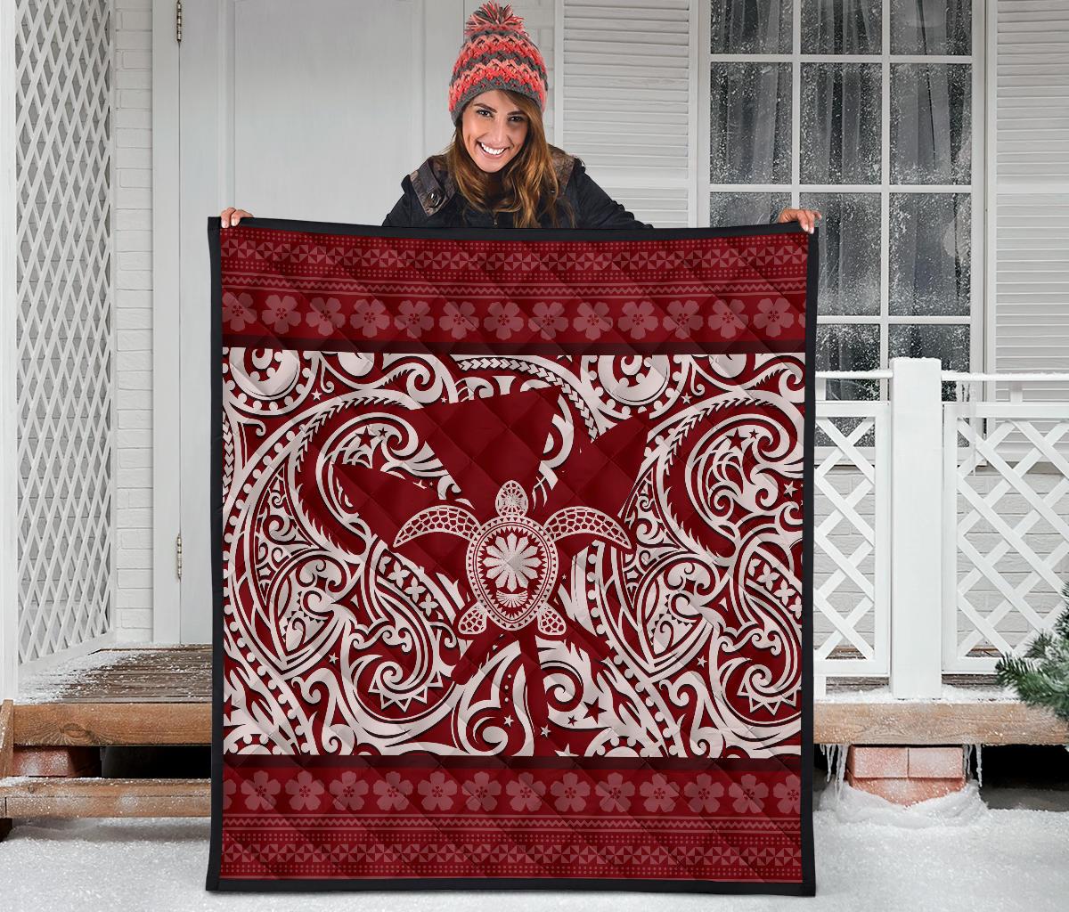 Hawaii Luxury Premium Quilt Red - Kanaka Maoli Turtle Polynesian Tattoo Pattern - Polynesian Pride