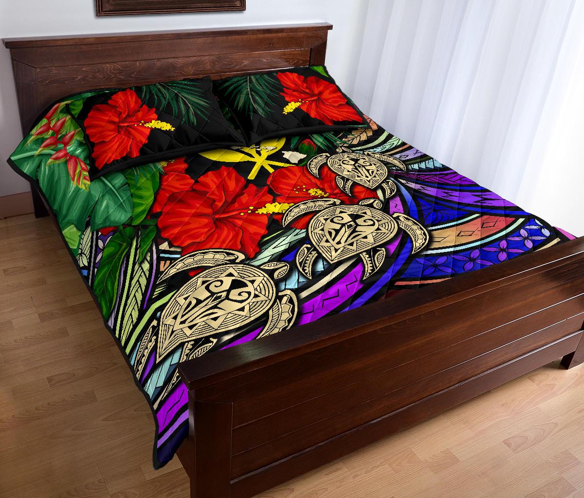 Kanaka Maoli (Hawaiian) Quilt Bed Set - Polynesian Turtle Colorful And Hibiscus - Polynesian Pride