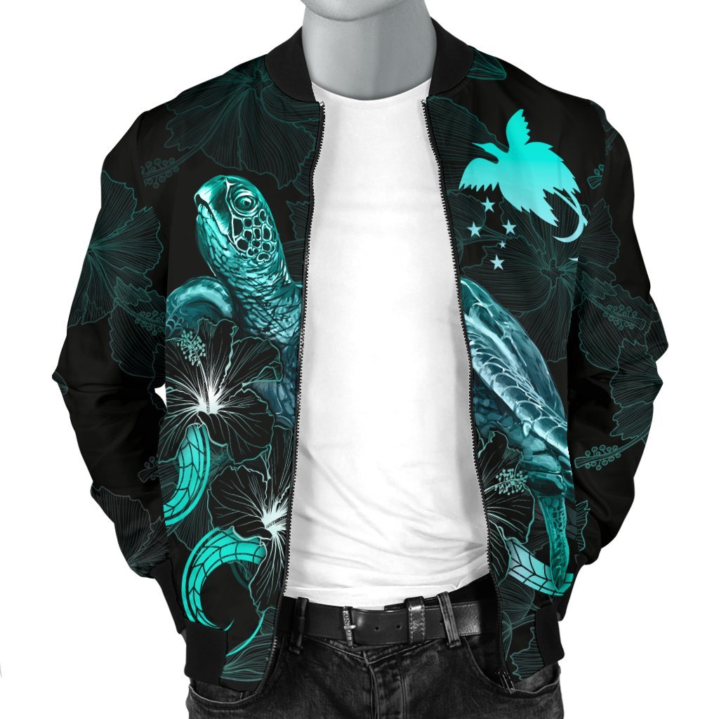 Papua New Guinea Polynesian Men's Bomber Jacket - Turtle With Blooming Hibiscus Turquoise - Polynesian Pride