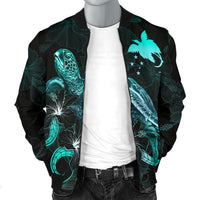 Papua New Guinea Polynesian Men's Bomber Jacket - Turtle With Blooming Hibiscus Turquoise - Polynesian Pride