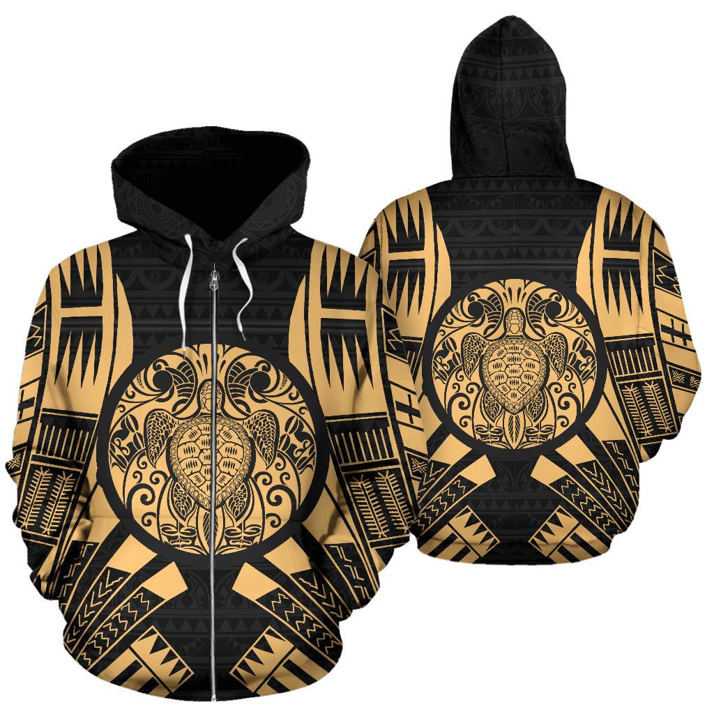 Turtle All Over Zip up Hoodie Tattoo Style Unisex Gold - Polynesian Pride