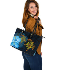 Hawaii Large Leather Tote - Turtle Hibiscus Pattern Hawaiian Large Leather Tote - Blue - Polynesian Pride
