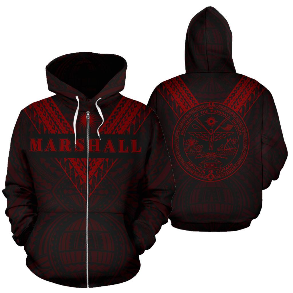 Marshall Islands All Over Zip up Hoodie Red Sailor Style Unisex Black - Polynesian Pride