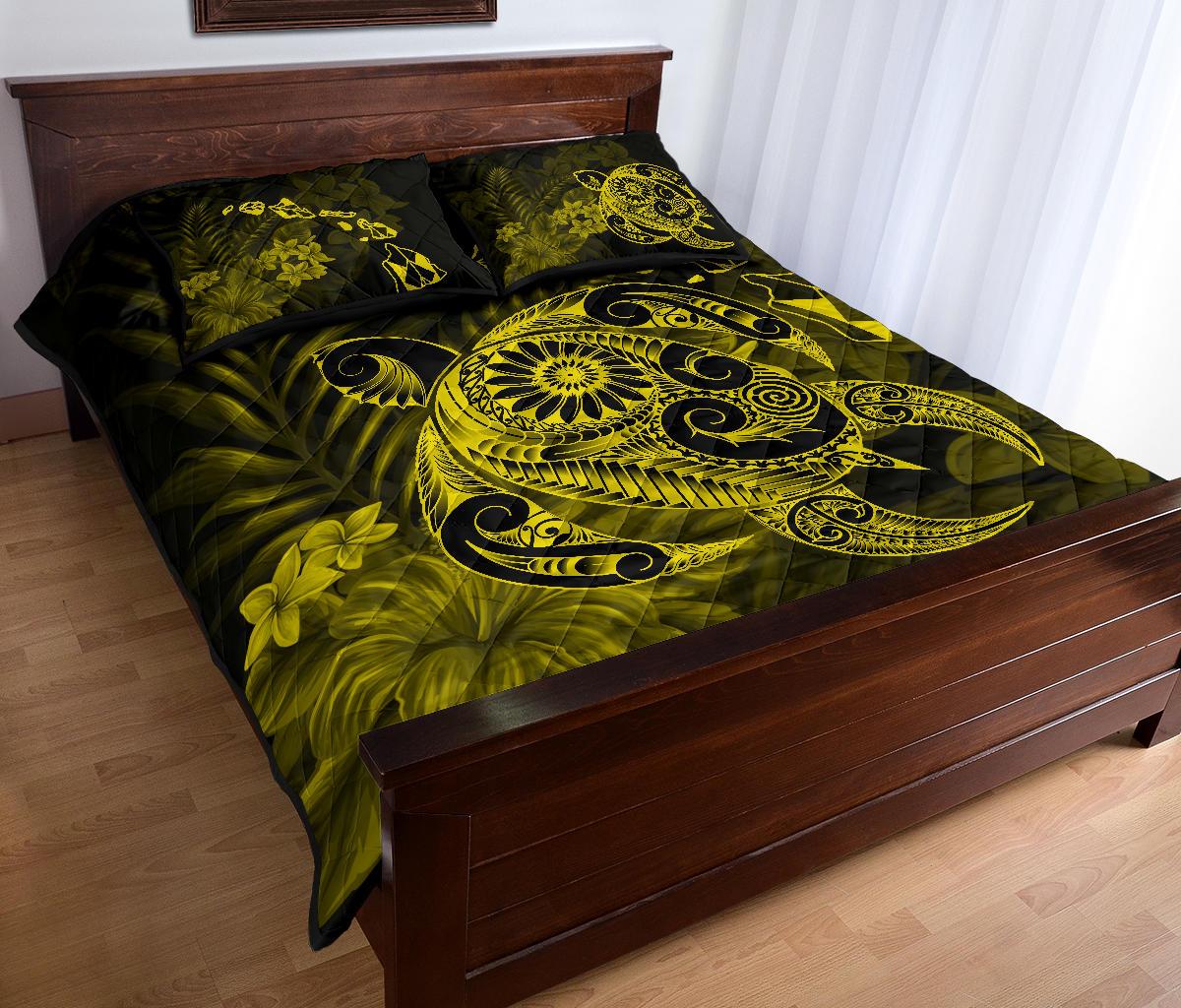 Hawaii Turtle Map Hibiscus Polynesian Yellow Quilt Bed Set - Polynesian Pride