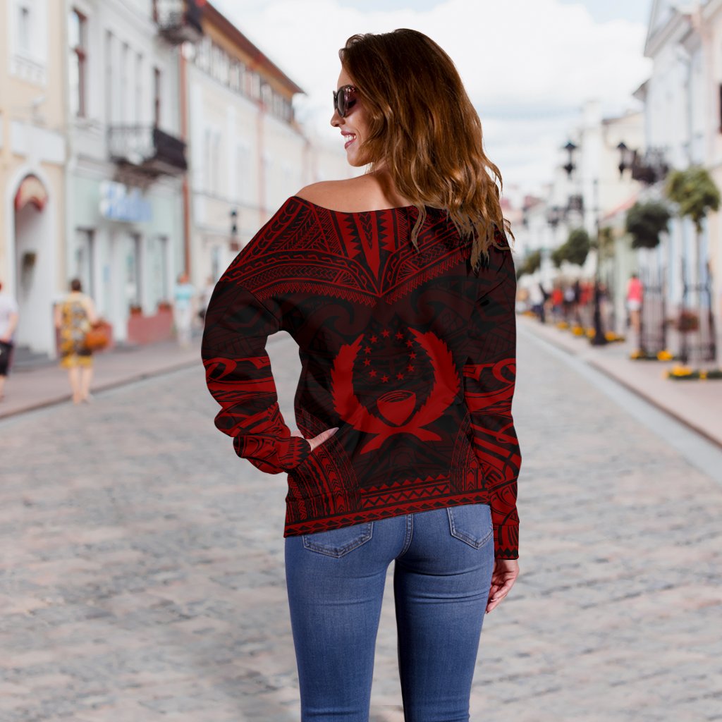 Pohnpei Polynesian Chief Women's Off Shoulder Sweater - Red Version - Polynesian Pride
