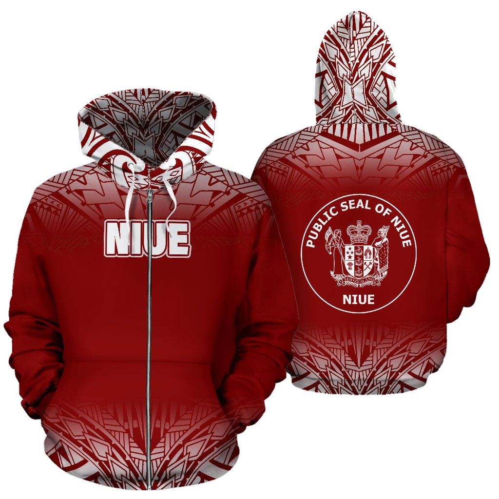Niue All Over Zip up Hoodie Fog Red Unisex Red - Polynesian Pride