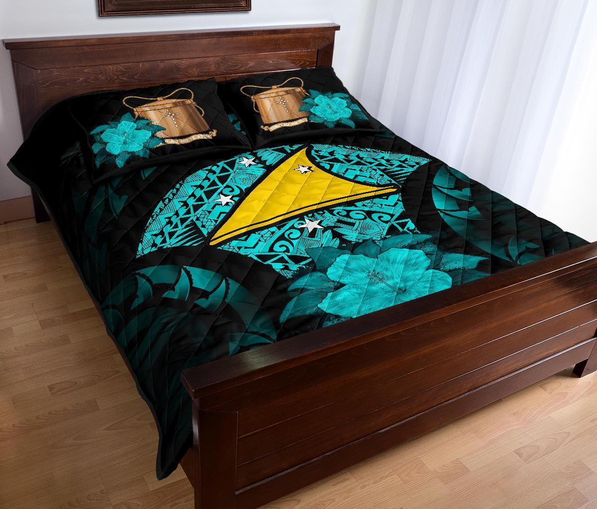 Tokelau Polynesian Quilt Bed Set Hibiscus Turquoise - Polynesian Pride