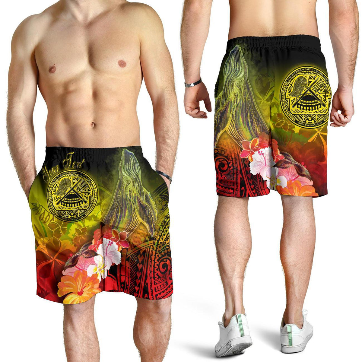 American Samoa Polynesian Custom Personalised Men's Shorts - Humpback Whale with Tropical Flowers - Polynesian Pride