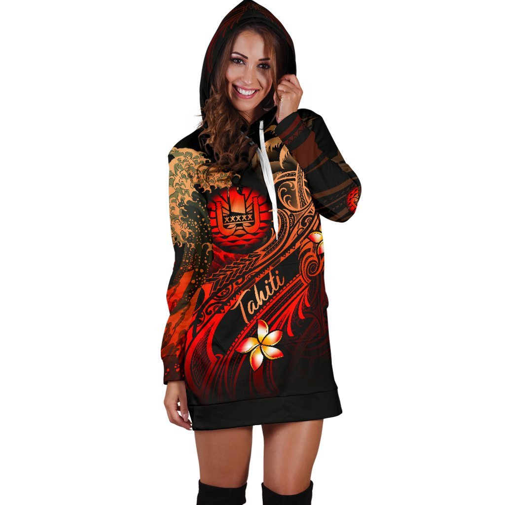Tahiti Polynesian Hoodie Dress - Plumeria Flowers And Waves - Polynesian Pride