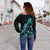 Niue Polynesian Women's Off Shoulder Sweater - Turtle With Blooming Hibiscus Turquoise - Polynesian Pride