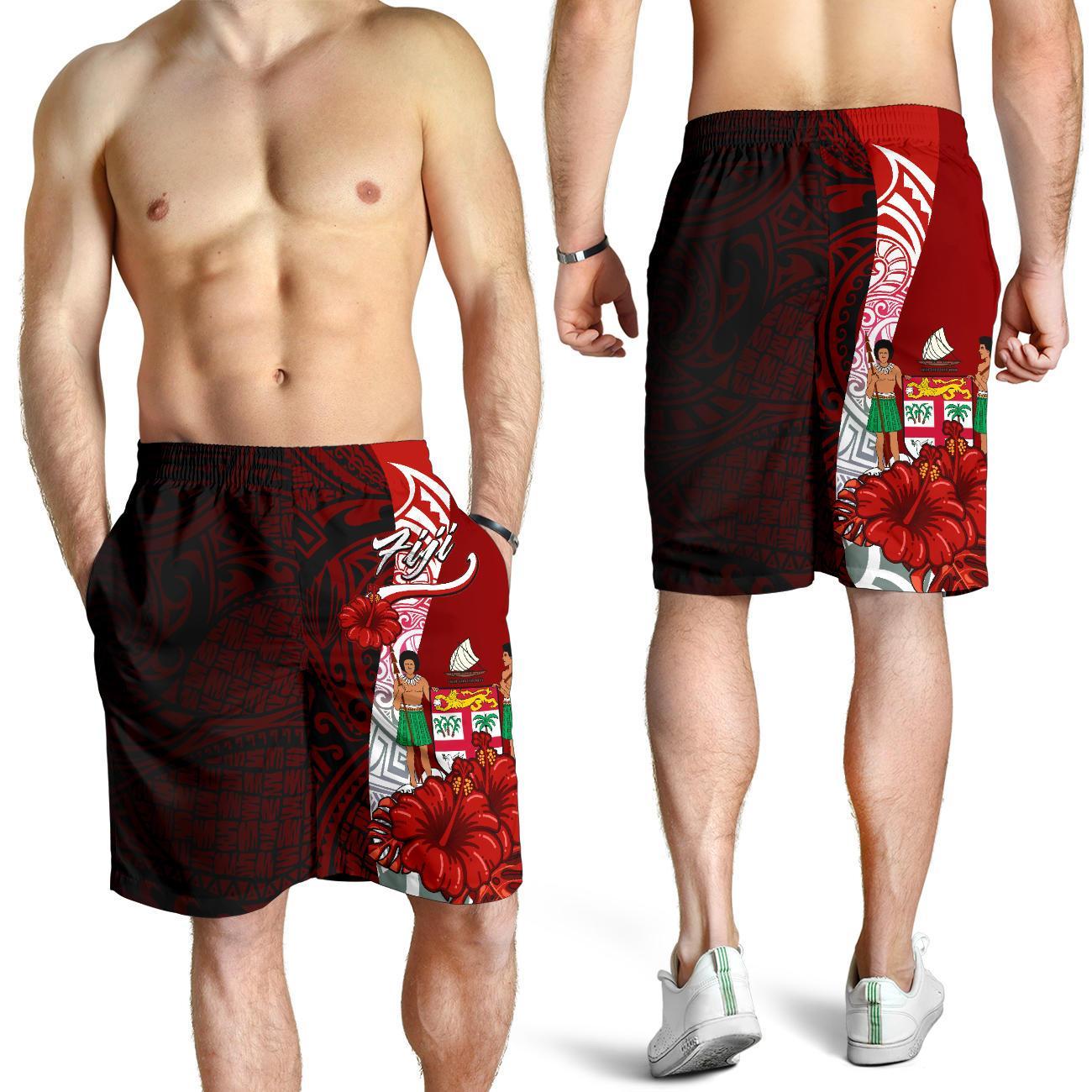 Fiji Polynesian Men's Shorts - Coat Of Arm With Hibiscus Red - Polynesian Pride