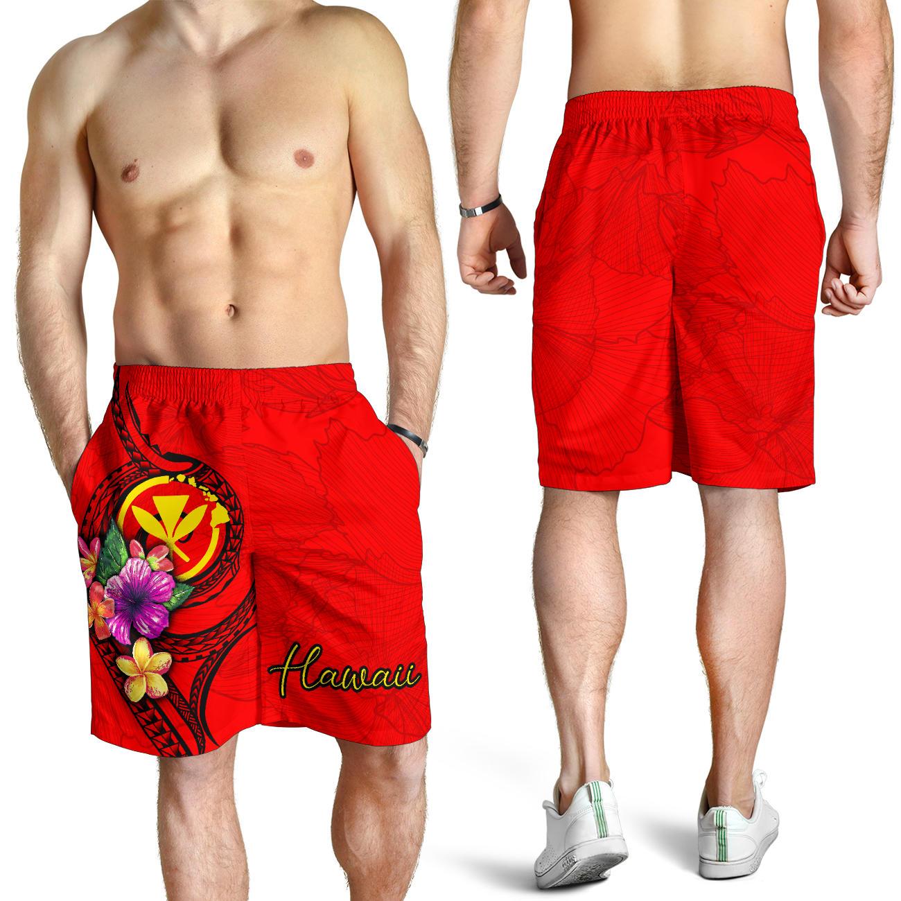 Hawaii Polynesian Men's Shorts - Floral With Seal Red Red - Polynesian Pride