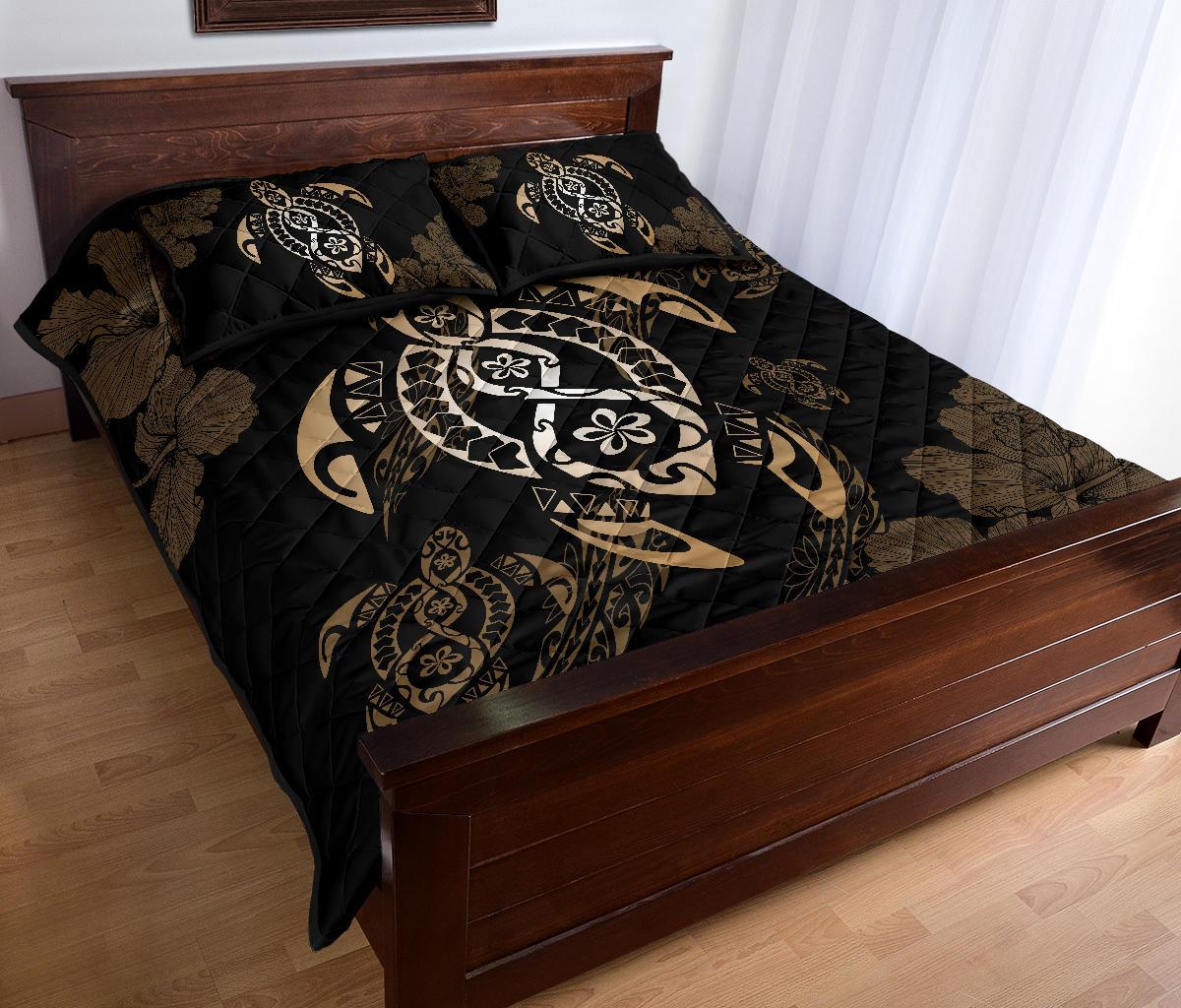 Hawaii Quilt Bed Set - Hawaii Polynesian Turtle Quilt Bed Set Flow Of Turtle Gold - Polynesian Pride