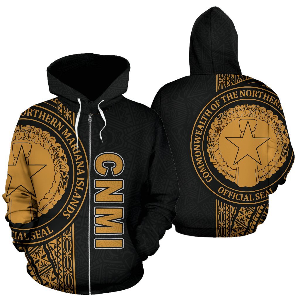Northern Mariana Islands Polynesian All Over Zip up Hoodie Gold Line Unisex Gold - Polynesian Pride