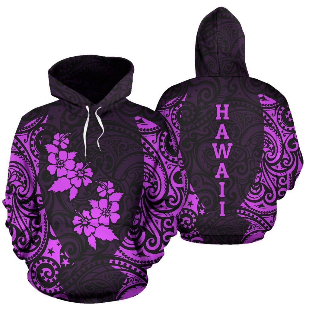 Hawaii Hoodie Hibiscus Polynesian Tattoo Purple Unisex Black - Polynesian Pride