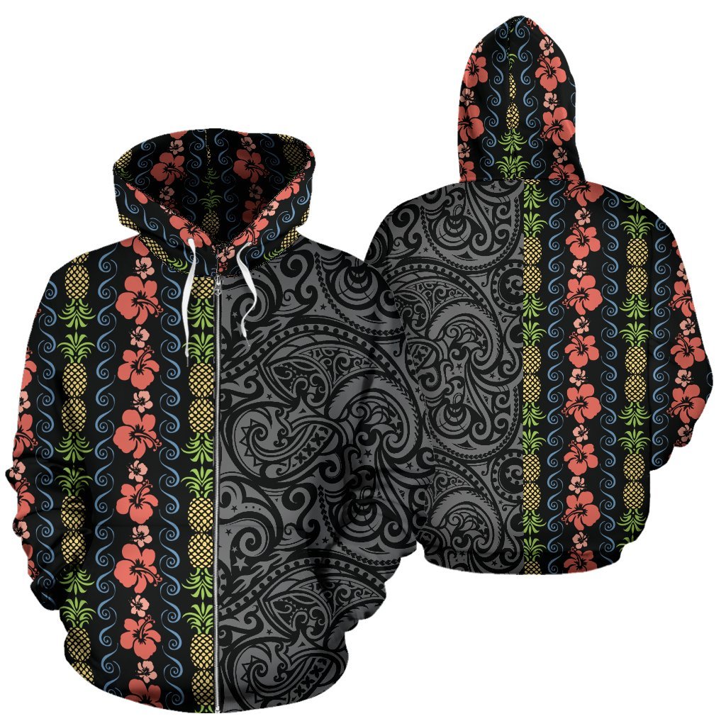 Hawaii Zip up Hoodie Hibiscus Flower Pineapple Polynesian Tattoo Half Unisex Black - Polynesian Pride