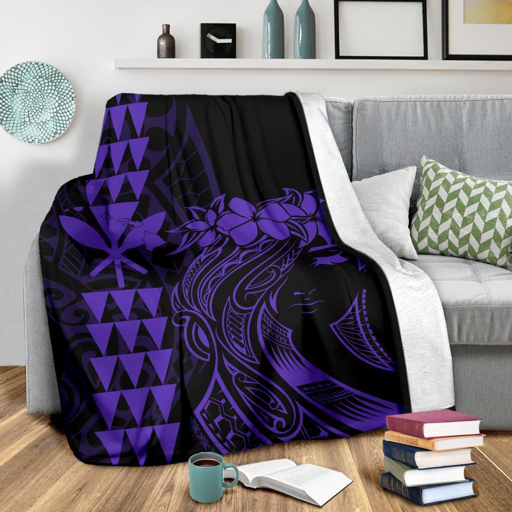 Hawaii Map Kanaka Polynesian Hula Girl Premium Blanket - Purple - Polynesian Pride