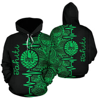 Tahiti Polynesian Hoodie Tahiti Flag Heartbeat Pattern Green Version TH0 Unisex Green - Polynesian Pride
