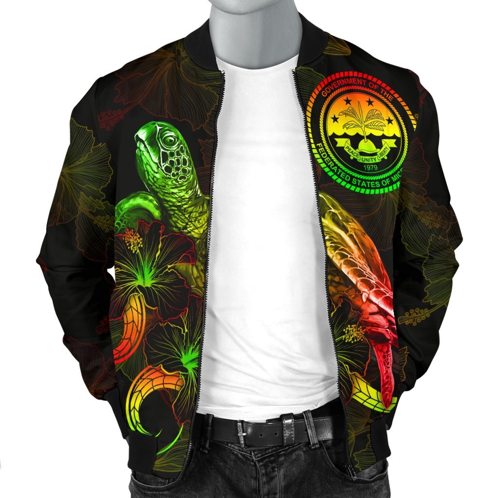 Federated States of Micronesia Polynesian Men's Bomber Jacket - Turtle With Blooming Hibiscus Reggae - Polynesian Pride