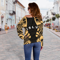 Society Islands Women's Off Shoulder Sweater - Polynesian Tattoo Gold - Polynesian Pride