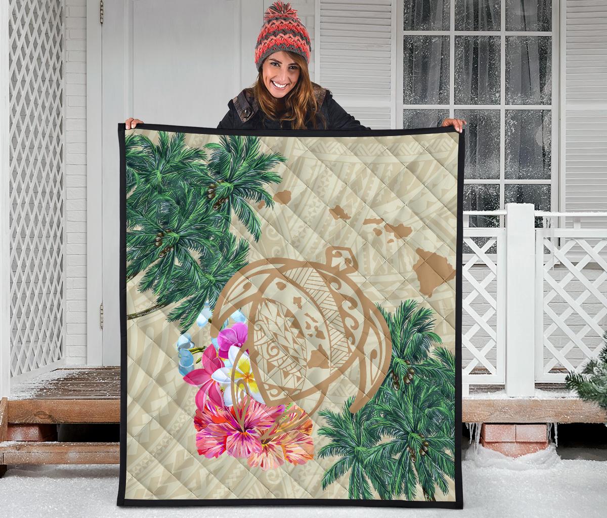 Hawaii Kanaka Maoli Polynesian Flowers Turtle Premium Quilt - Polynesian Pride