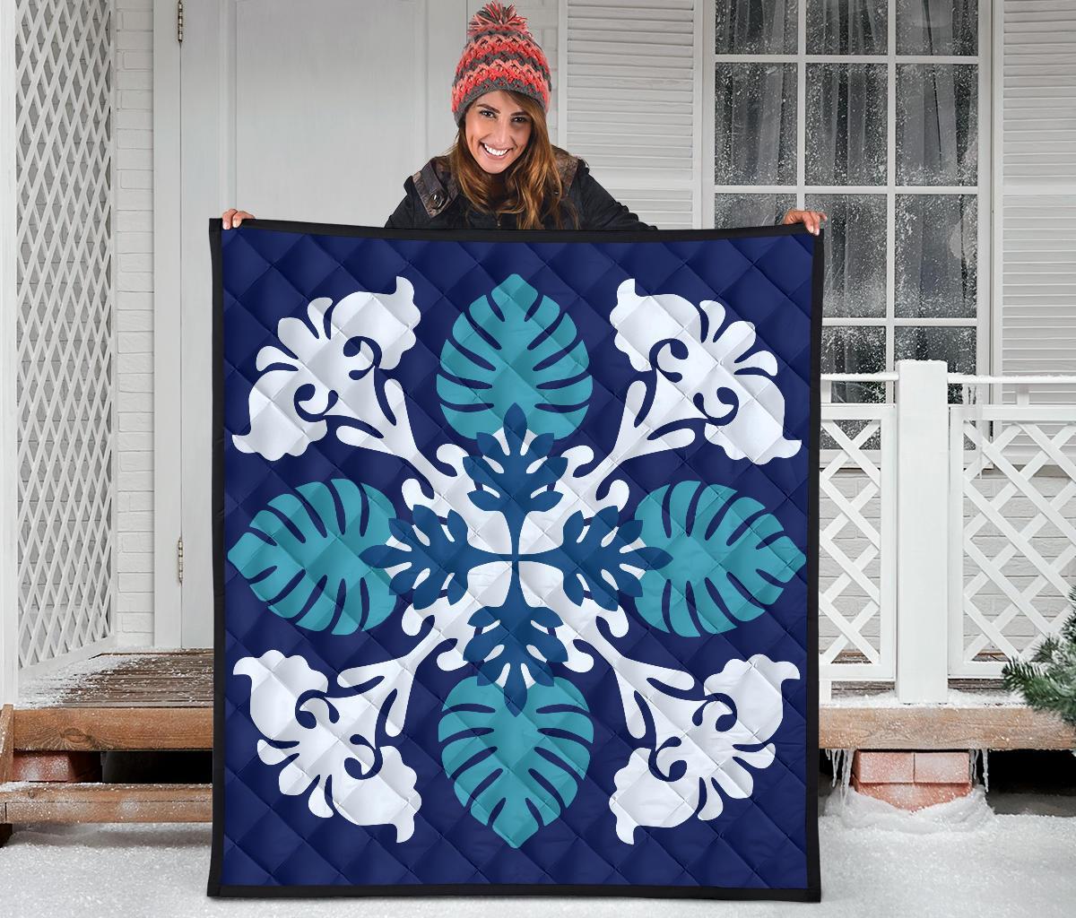 Hawaiian Leaves Tropical Pattern Premium Quilt - Blue - Argu Style - AH - Polynesian Pride