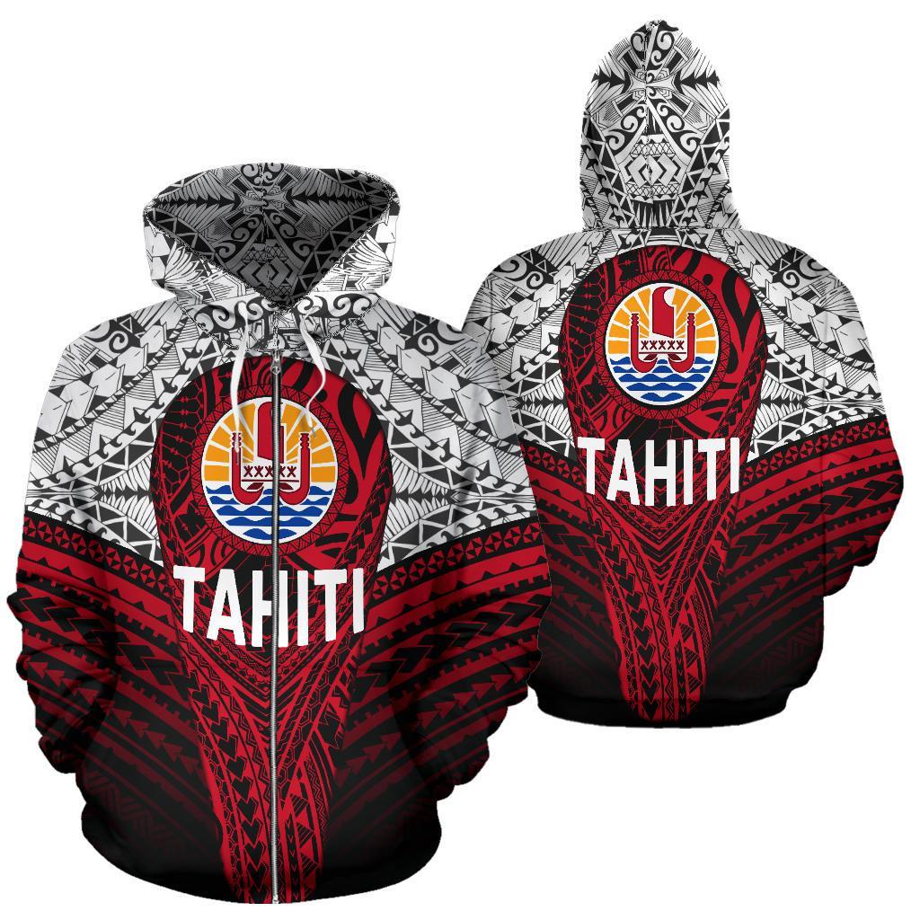 Tahitian Zip up Hoodie Tahiti Flag Polynesian Tattoo Unisex White - Polynesian Pride