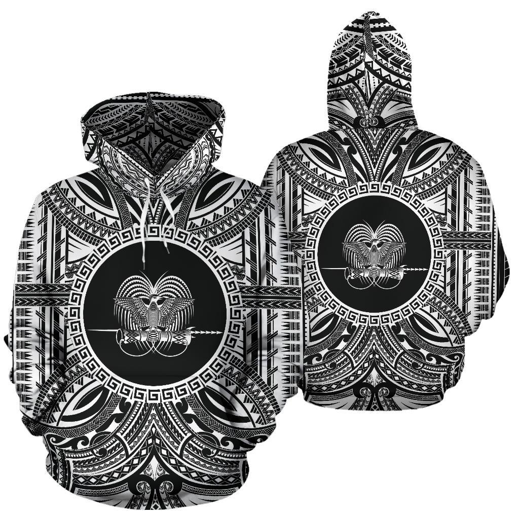 Papua New Guinea ll Over Hoodie Papua New Guinea Coat of rms Polynesian White Black - Polynesian Pride