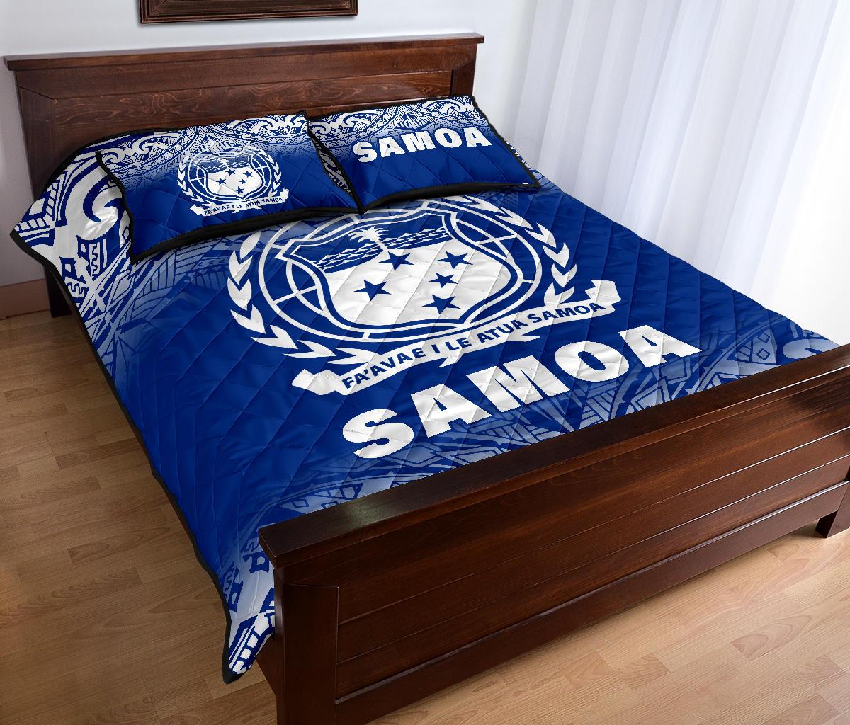 Samoa Quilt Bed Set - Samoa Coat Of Arms Polynesian Tattoo Blue Fog White Version - Polynesian Pride