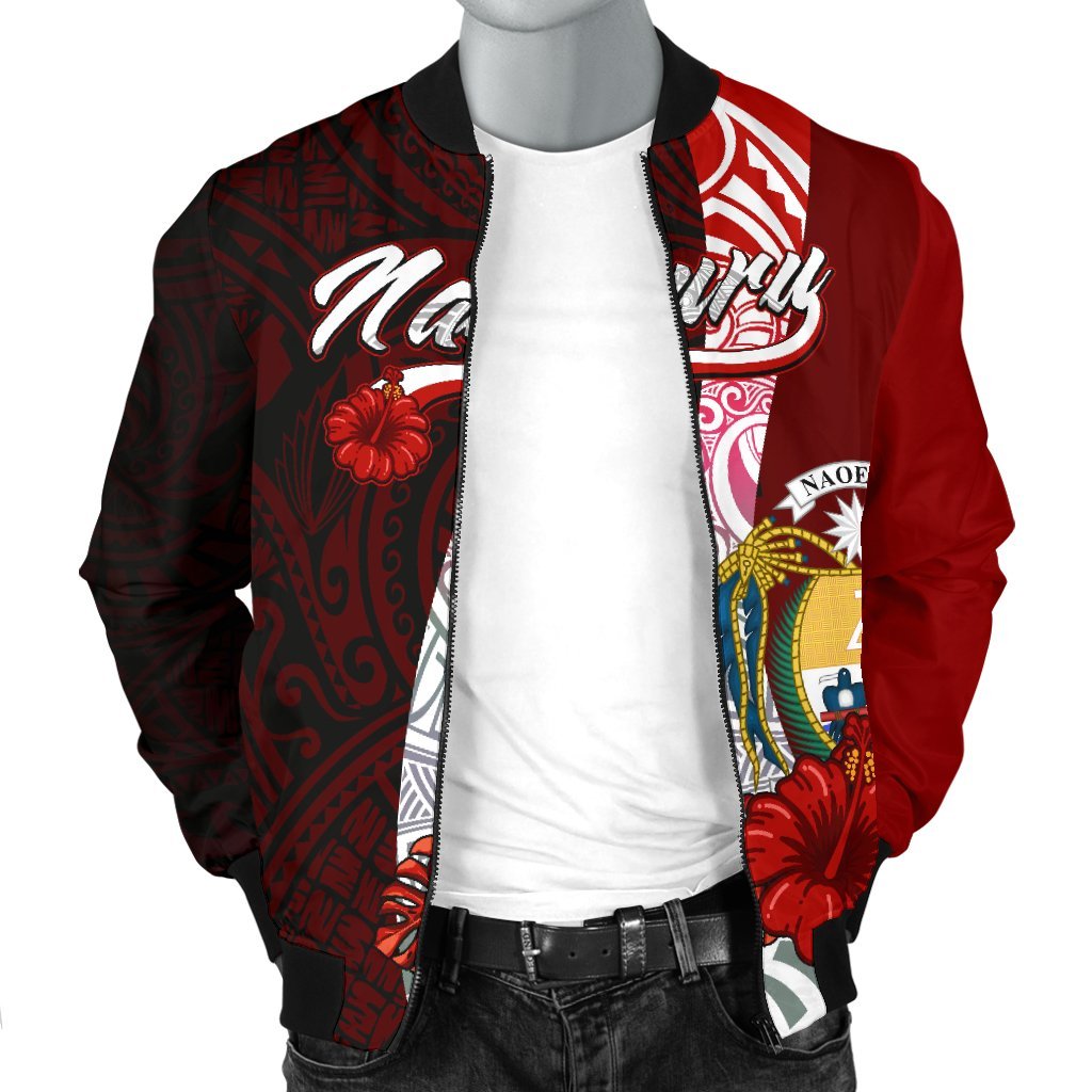 Nauru Polynesian Men's Bomber Jacket - Coat Of Arm With Hibiscus - Polynesian Pride