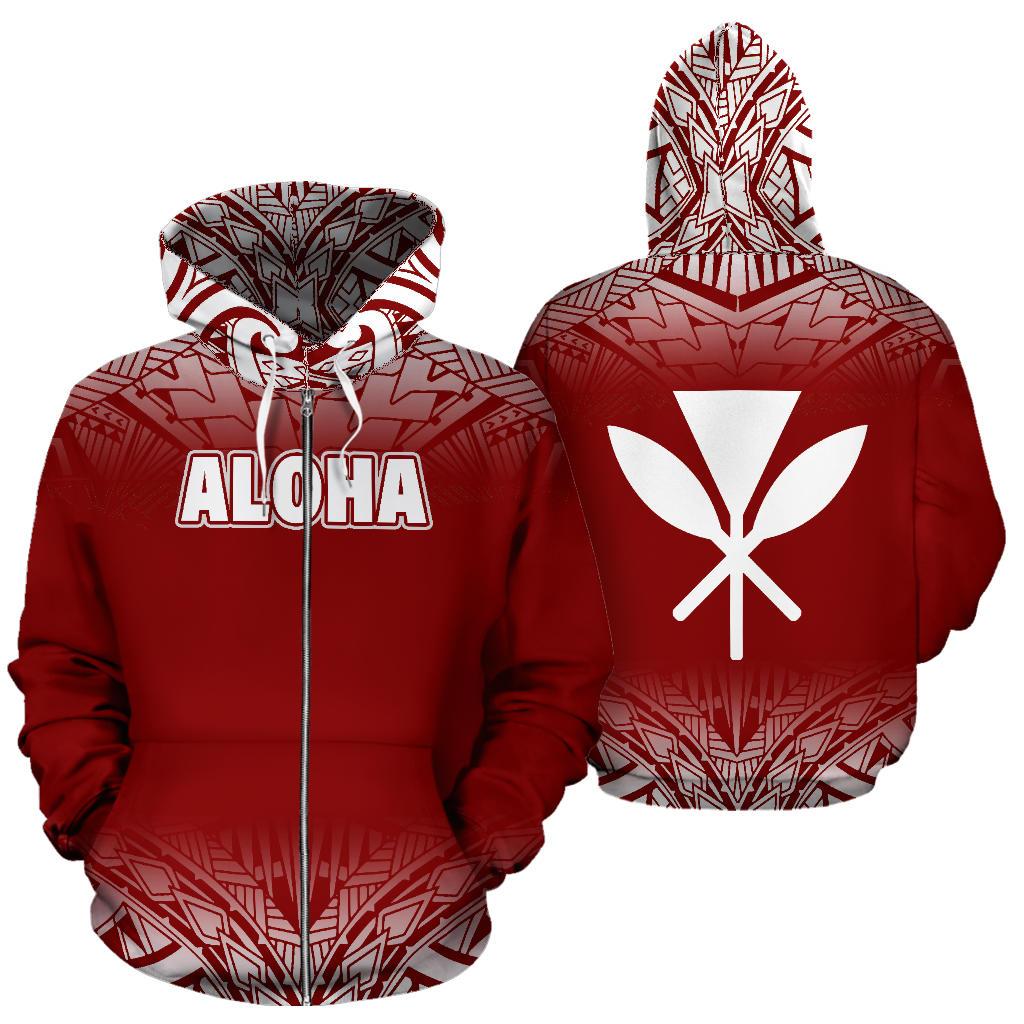 Aloha All Over Zip up Hoodie Fog Red Unisex Red - Polynesian Pride