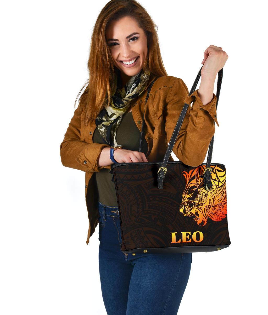 Sun In Leo Zodiac Small Leather Tote Polynesian Tattoo Simple - Orange Black - Polynesian Pride