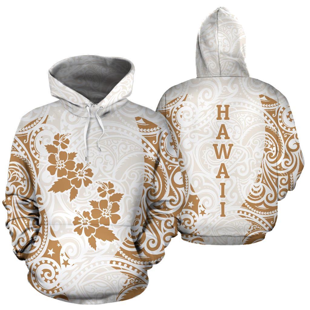 Hawaii Hoodie Hibiscus Polynesian Tattoo White Gold Unisex White - Polynesian Pride